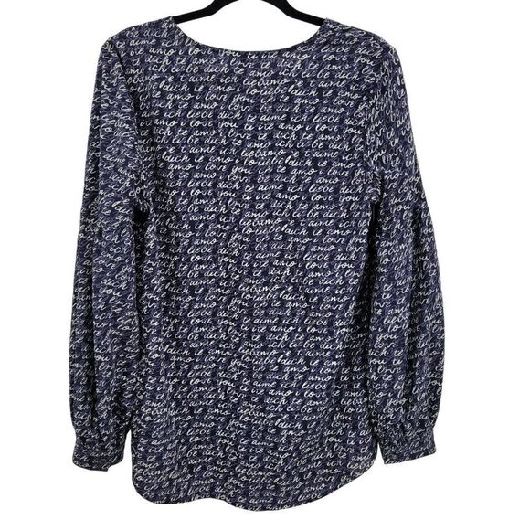 Cabi Long Sleeve Blouse M Blue Te Amo Spell Out Puff Statement Sleeve Pull Over - Picture 5 of 14